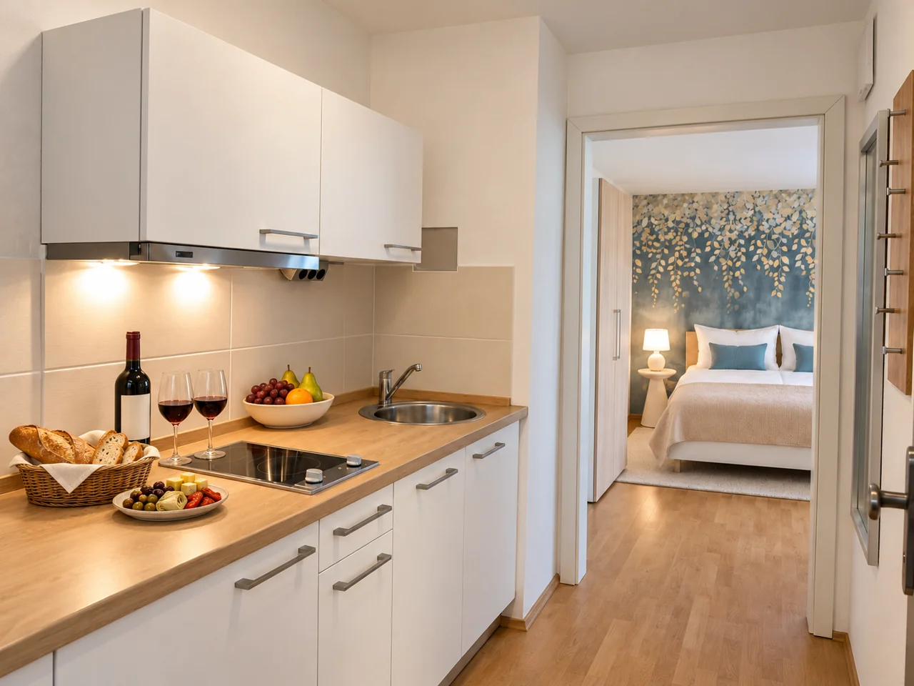 Küche mit Holzarbeitsplatte und Blick ins Apartment